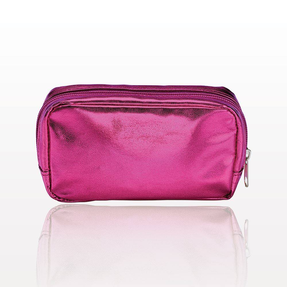 Perfect for promotional giveaways or for retail sale, this cosmetic bag with shiny metallic finish and zipper closure is just the right size to carry an assortment of makeup essentials.  colors  Black, Pink, Red, Silver. Gold 